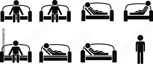 Hospital patient bed positions icons, medical care adjustable bed sitting lying healthcare treatment recovery clinic vector illustration set