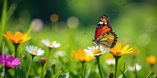 Colorful butterfly perched on a bright patch of daisies, surrounded by lush green grass and vibrant wildflowers, daisies, outdoors