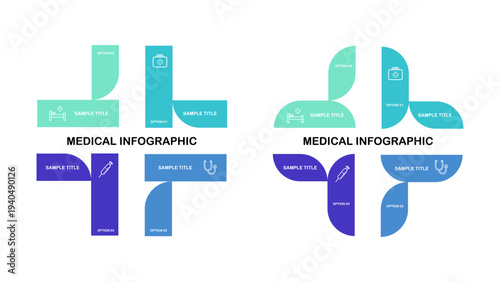Vector plus infographic set, medical diagram, healthcare graph, hospital presentation, emergency chart. Medicine doctor logo. Concept with 4 options, parts, steps, processes. editable vector
