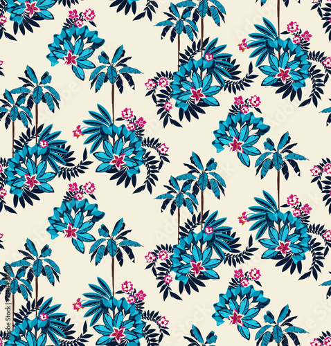 Seamless tropical leaves pattern design. Hand draw exotic flowers pattern.
