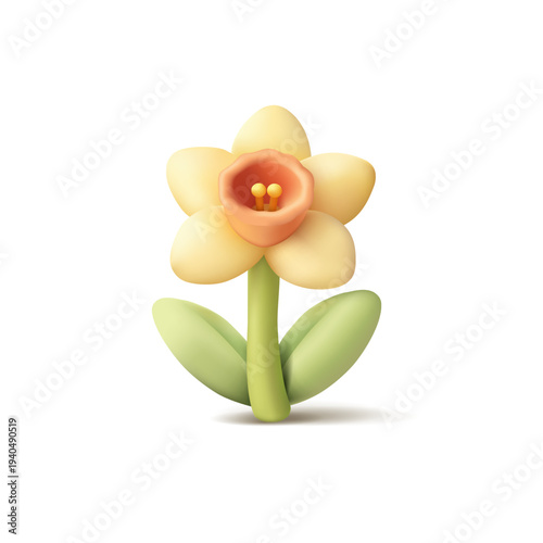 Yellow daffodil, narcissus, 3D. Blooming, spring, fresh daffodil. Minimalistic icon on white background. Vector illustration.