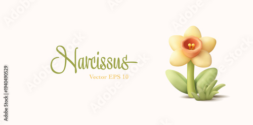 Blooming spring daffodil, narcissus, grass, 3D. Spring banner for beauty, flower concepts. Vector illustration.