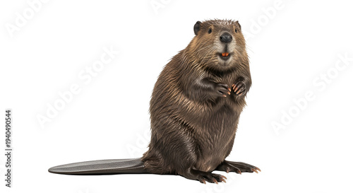 Beaver Standing on Hind Legs Isolated.
