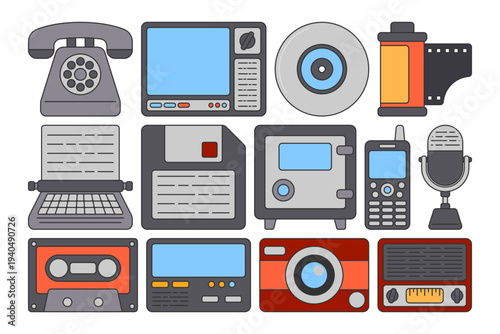 Retro electronics flat design icon set featuring classic devices like rotary phone, television, cassette tape, camera, radio, microphone, and floppy disk, perfect for vintage technology themed designs