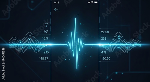 Glowing blue waveform data visualization on dark background with statistics