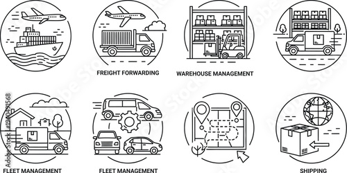 Eight black and white line drawings of various travel and tourism related destinations and activities