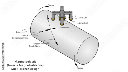 Illustration showing a multi-branch magnetoelastic (inverse magnetostrictive) torque sensor