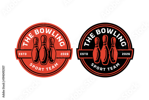 Bowling sport retro badge logo design set with three pins. Bowling pins vintage patch symbol graphic pack for sport team. Bowling skittles rustic emblem element designs bundle for sport tournament