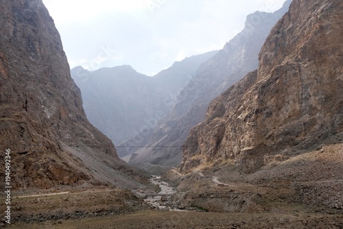 Photos Panorama with Panj River and Pamir Mountains in Afghanistan, seen from Pamir Highway along  Panj River on Tajik-Afghan border
