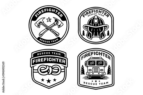 Fire department retro badge logo design set with helmet, crossed axes, rescue rope knot and fire truck. Firefighter rescue equipment vintage patch sticker design pack for emergency service and worker