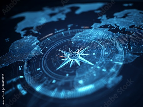 Futuristic digital compass on world map, glowing blue global navigation interface, high tech HUD