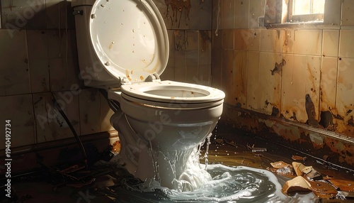Overflowing toilet bowl flooding a derelict bathroom with stained tiles and debris on the floor
