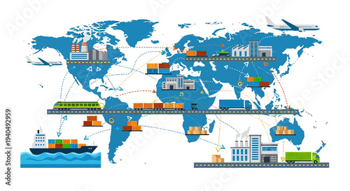 Global logistics and supply chain management visualization with shipping, air, and land transportation connecting continents