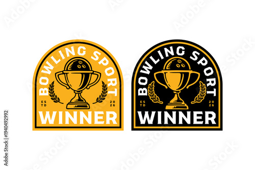 Bowling winner trophy with ball and laurel branches retro badge logo design set for sport league. Bowling cup and ball vintage patch symbol graphic pack for sport team and tournament