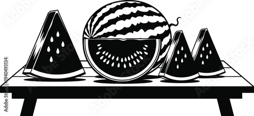 Black and white of watermelon slices on a table