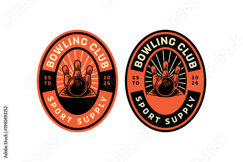 Bowling ball hitting pins retro badge logo design set for bowling sport club. Tenpin bowling strike vintage patch symbol graphic pack. Bowling ball hitting pins rustic emblem element designs