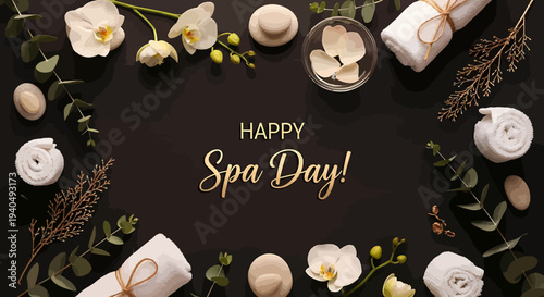 Luxurious spa day flat lay featuring serene relaxation essentials like white towels, orchids, and smooth stones on a dark, calming surface