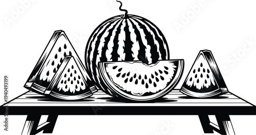 Black and white of whole and sliced watermelon on table fruit slices