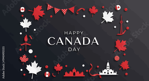 Aesthetic Digital Art Piece Featuring Iconic Red and White Maple Leaves and National Symbols, Perfect for Honoring Canadian Heritage and Unity with Festive Spirit