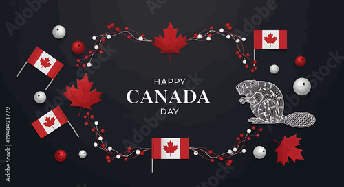Happy Canada Day Celebration with Maple Leaf and Canadian Flags on Dark Background