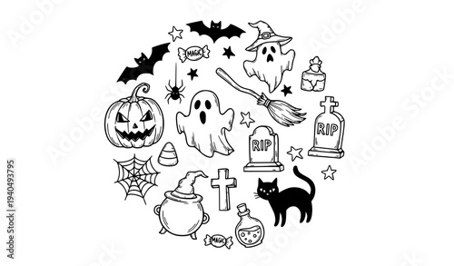 Halloween Doodle Vector Set with Pumpkin Ghost Witch Cauldron Bat and Spooky Hand Drawn Holiday Icons
