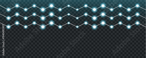 Illuminated string lights with glowing white and green bulbs cascade across a transparent dark background high-quality