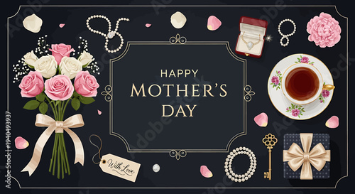 Elegant Mother's Day Celebration with Beautiful Roses, Sparkling Jewelry, and Thoughtful Gifts, Symbolizing Love and Appreciation for Mom's Special Day