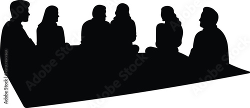 Family Summer Outdoor Picnic Silhouette. Group of Family Members Sitting Together and Talking on Holiday