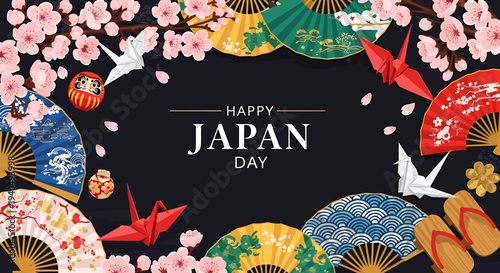 Vibrant Japanese Culture Celebration Banner featuring traditional fans, delicate cherry blossoms, and elegant origami cranes for festive Japan Day events