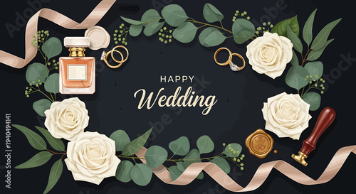 Elegant Wedding Invitation with Floral Accents and Gold Rings