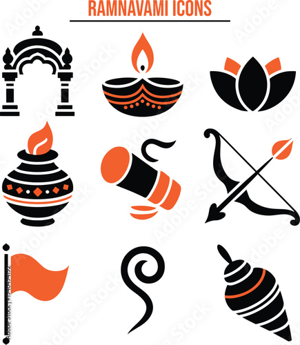 A collection of Ramnavami icons in black and orange colors