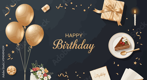 Happy Birthday Celebration with Balloons, Cake, Gift, Candle, and Confetti on Dark Background