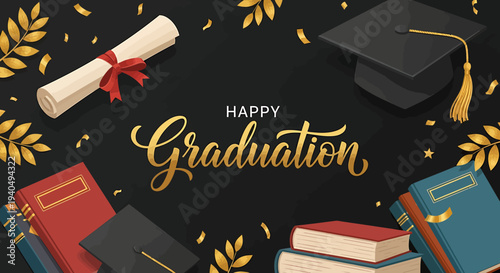 Happy Graduation design with diploma, books and graduation cap, celebrating academic achievement and education success