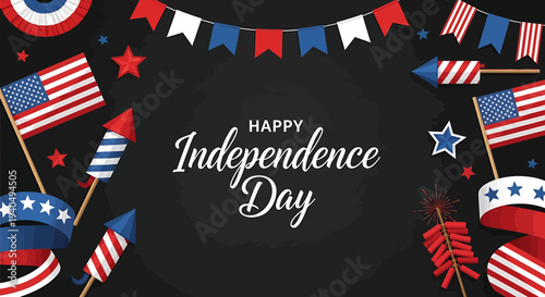 Happy Independence Day USA celebration with flags fireworks and festive decorations on a dark background