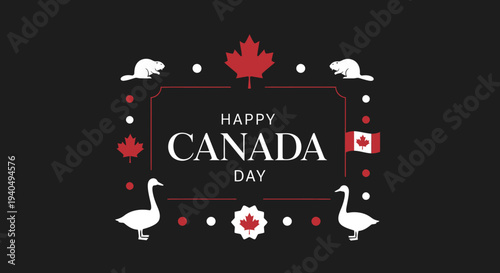 Vibrant illustration celebrating Canada Day with iconic national symbols like the maple leaf, beaver, and geese framed by a festive border on a dark background