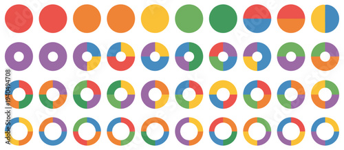 Circle pie chart diagram. Pie chart set. Colorful diagram collection with sections or steps labeled 1, 2, 3, 4, 5, 6, 7, 8, 9, 10, vector infographic, wheel-shaped round chart parts for business, educ