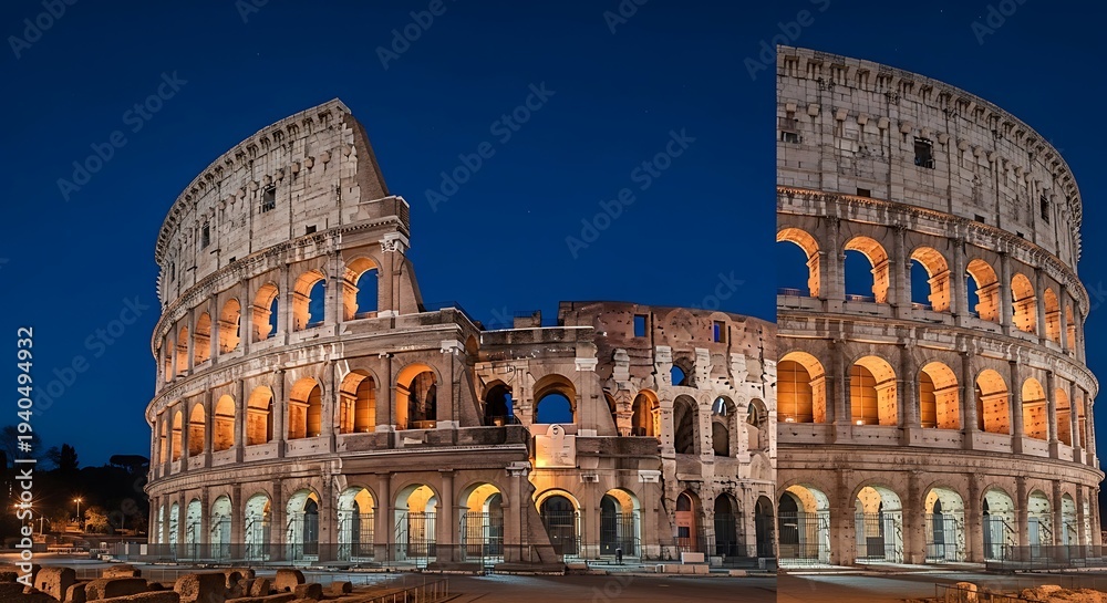 Obraz premium A composite panorama of a famous Roman amphitheater at night, showcasing architectural details with illumination