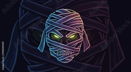 Creepy Mummy Head with Glowing Green Eyes Illustration – Ancient Egyptian Horror Character Design for Halloween and Spooky Themes
