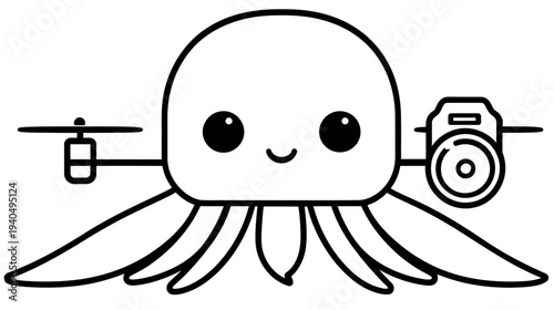 Cute cartoon octopus drone illustration. Adorable sea creature character with tech accessories, propellers, and camera. Black and white line art.