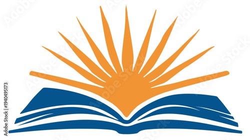 Open book with rising sunburst graphic. Symbolizing education, knowledge, wisdom, learning, new beginnings, and enlightenment.