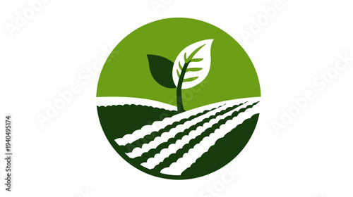Green circular logo with a thriving seedling growing in cultivated fields, symbolizing agriculture, growth, sustainability, and nature