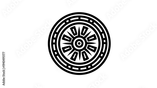Black and White Geometric Circular Symbol Line Art. Abstract Ethnic Tribal Mandala Wheel Design Icon for Spirituality and Wellness.
