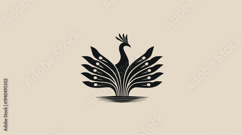 Modern elegant black peacock silhouette vector icon with fanned tail design on a light beige background, ideal for branding