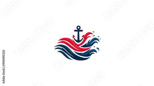 Nautical anchor icon with dynamic red and blue ocean waves, maritime travel symbol, shipping and adventure concept graphic design