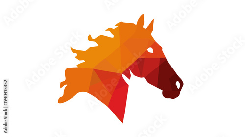 Dynamic geometric horse head illustration in warm gradient colors. Abstract polygonal equine graphic art on white.