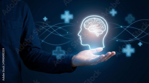 An open hand supports a brilliant glowing human brain icon with intricate circuitry, surrounded by medical cross symbols, representing mental health technology.