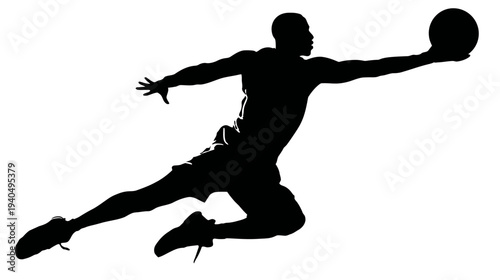 Dynamic silhouette of a male basketball player jumping and reaching for a shot or dunk against a clean white background.