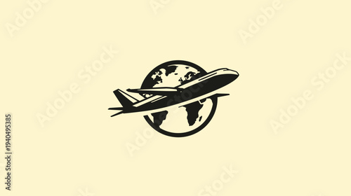 Minimalist airplane flying around the globe illustration, symbolizing international travel, global transport, and worldwide connection.