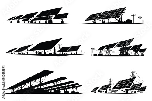 Solar panel silhouettes with power lines and industrial