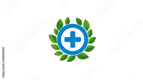 Blue Medical Cross Symbol within Green Leaf Wreath. Concept of Natural Health, Wellness, Medicine, and Eco-Friendly Care.